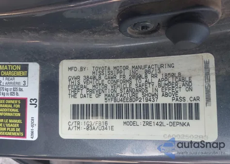 2013 Toyota Corolla Le z USA, uszkodzony, nr VIN 5YFBU4EE8DP219437